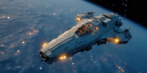 Obraz premium A futuristic spaceship piloted by a human, soaring through deep space with stars and distant galaxies in the background.