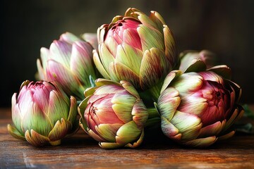 Fototapeta premium Close-up of five fresh artichokes with purple and green hues arranged on a wooden surface with a dark blurred background