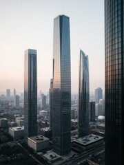 Fototapeta premium Aerial view of modern skyscrapers in an urban cityscape.
