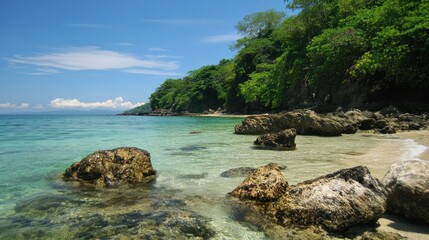 Obraz premium Serene tropical beach with crystal clear waters and lush greenery, paradise view
