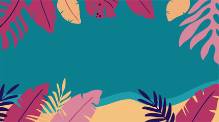 Tropical Summer Background: Teal & Pink Leaves Border