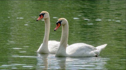 A close-up of two swans interacting in the water, symbolizing love and romance.