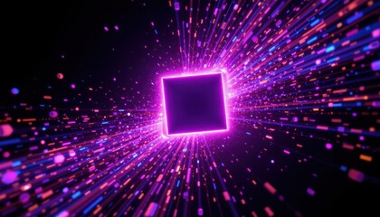 a dynamic, pulsating square of violet light, its edges shimmering with an inner brilliance, emanates a trail of colorful light particles across the background