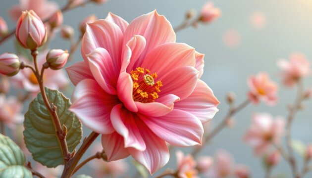 an enchanting render of a 3d boho flower that exudes a sense of serenity and calmness, with its soft hues, graceful curves, and intricate details that invite close examination.