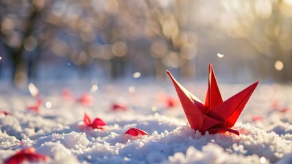 Elegant red origami crane amidst scattered paper petals, serene, snowy,  serene, snowy, origami, nature, floral, ornamental