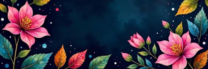 - Watercolor painting of colorful leaves and flower on dark background, watercolor, nature, flower