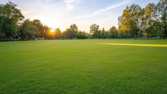 Sunset over green lawn trees and peaceful summer landscape