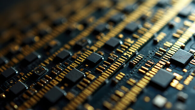 Digital memory circuit texture, parallel gold traces on aluminum, precision computer hardware design.
