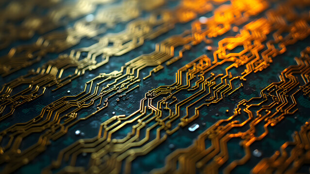 Digital memory circuit texture, parallel gold traces on aluminum, precision computer hardware design.