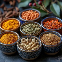 Fototapeta premium Aromatic Assortment of Culinary Spices in Decorative Bowls Evoking Vibrant Flavors and Rich Textures for Cooking