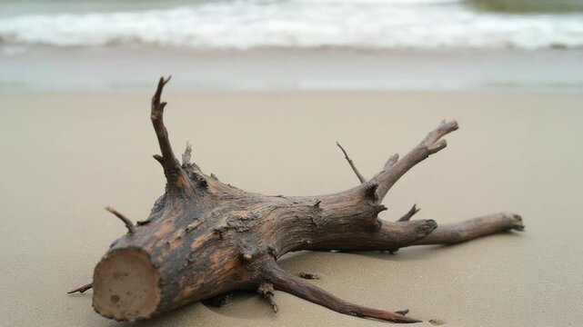 piece of an old root is lying in the sand of the beach