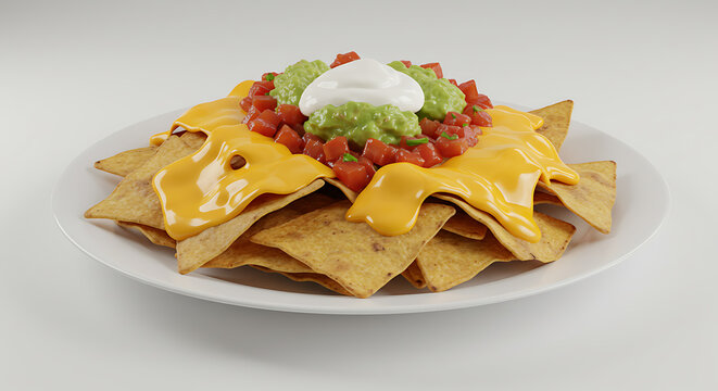 Nachos with cheese, guacamole and salsa isolated on white background. American food