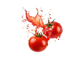two fresh red tomatoes with juicy splash isolated on white or transparent png