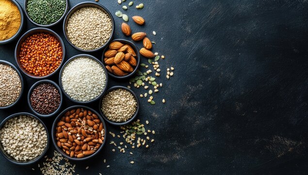 Assorted grains and seeds in small bowls
