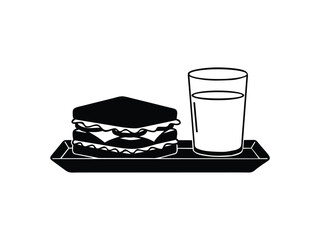 silhouette of sandwich and milk on tray isolated with white background 