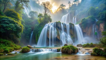 Naklejka premium Misty morning by the Thi Lo Su waterfall , tranquility, water, tranquility, water, fall, landscape