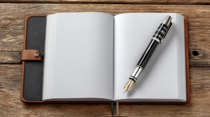 close-up of white wooden desk with notebook and pen copy space.