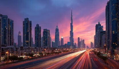 Fototapeta premium City skyline with colorful sunset and light trails.