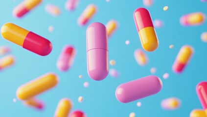 Colorful capsules falling on a light blue background