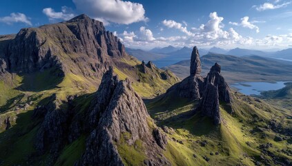 Breathtaking view of mountainous landscape with dramatic rock formations and clear skies.