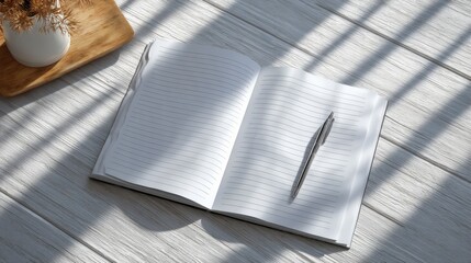 close up of white wooden desk with notebook and pen in the middle.