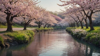 "Cherry blossom trees in full bloom along a riverbank, gentle breeze, pastel color tones, dreamy atmosphere"

