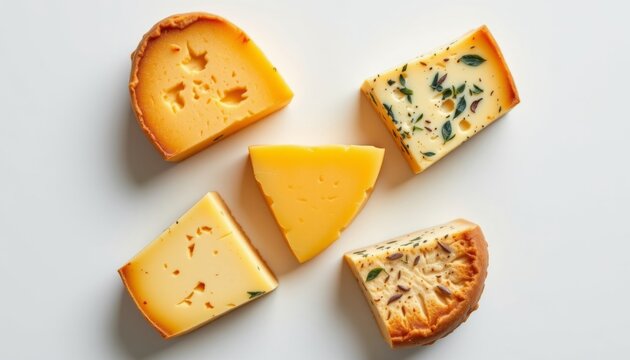 five artisanal cheese chunks arranged in a geometric pattern against a plain white setting.