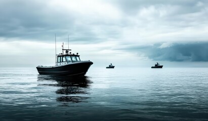 Obraz premium Fishing Boats on Calm Water Under Overcast Sky with Grey Clouds