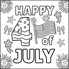 Printable coloring page 4th of July, Independence day United State of America. Coloring book activity. Outline vector illustration. Black and white line. Wavy flag, stars. Coloring book adult and kid