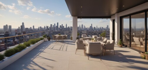 Obraz premium Luxurious condo unit, panoramic city view from private rooftop terrace , minimal, real estate, panorama