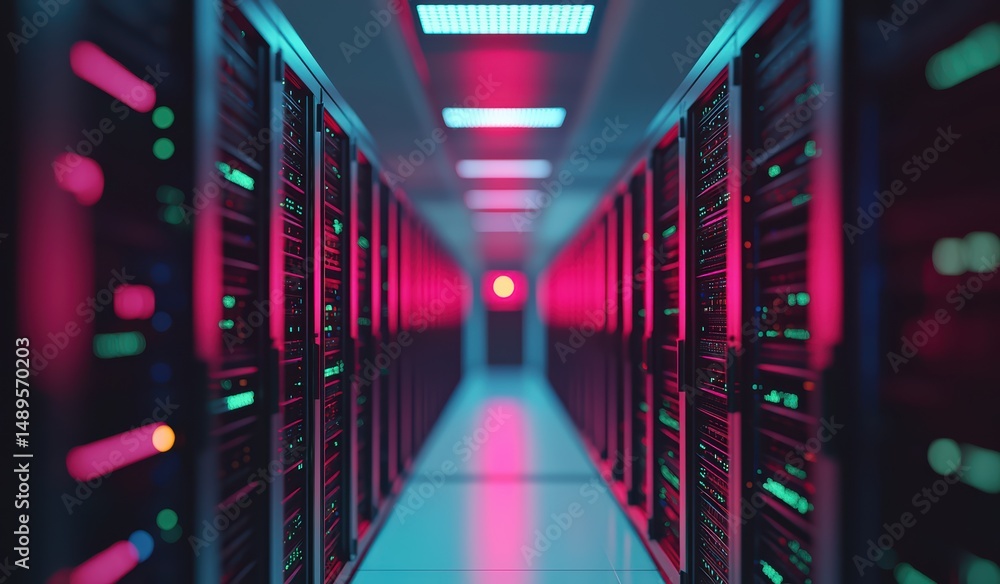 Aufkleber futuristic data center with neon lights and server racks overview
