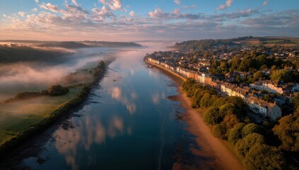 Serene river view with misty morning skies.
