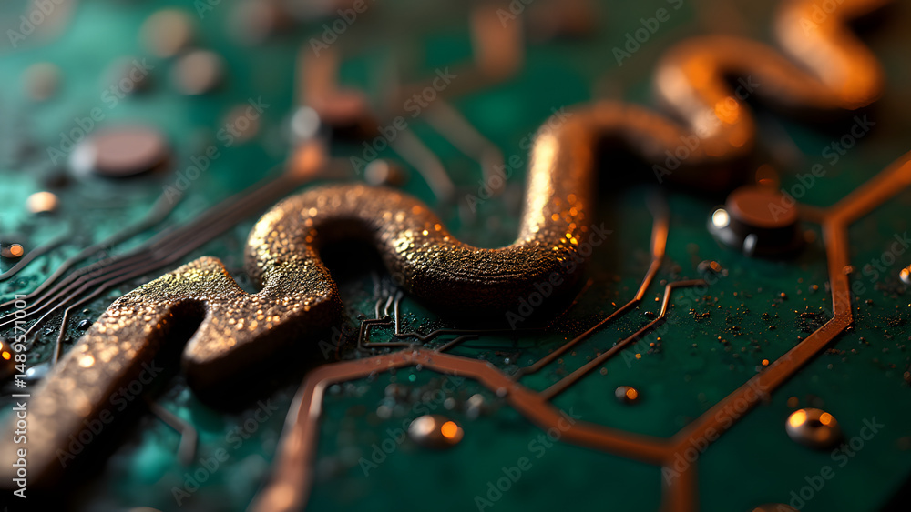 Poster wide zigzag circuit traces with rough texture on dark pcb background, industrial electronics macro w