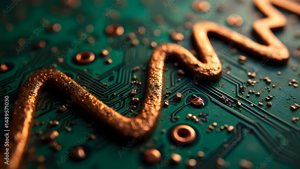 Poster wide zigzag circuit traces with rough texture on dark pcb background, industrial electronics macro w