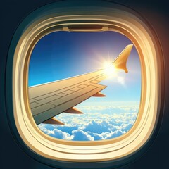 Airplane window view of a vibrant sky with clouds and sunlight