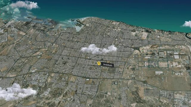 Jeddah 3D Satellite Map Animation with Dynamic Clouds - English Labeled City Overview