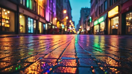 Obraz premium Illuminated City Street at Night Wet Cobblestone Reflection of Vibrant Storefronts