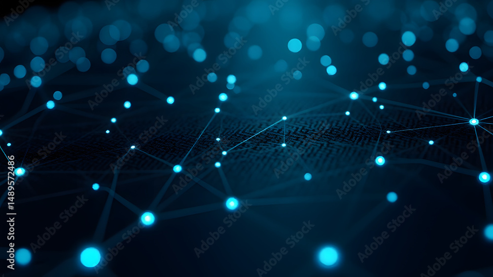 Poster star-like circuit pattern with glowing dots and straight connections on black background, ultra-prec