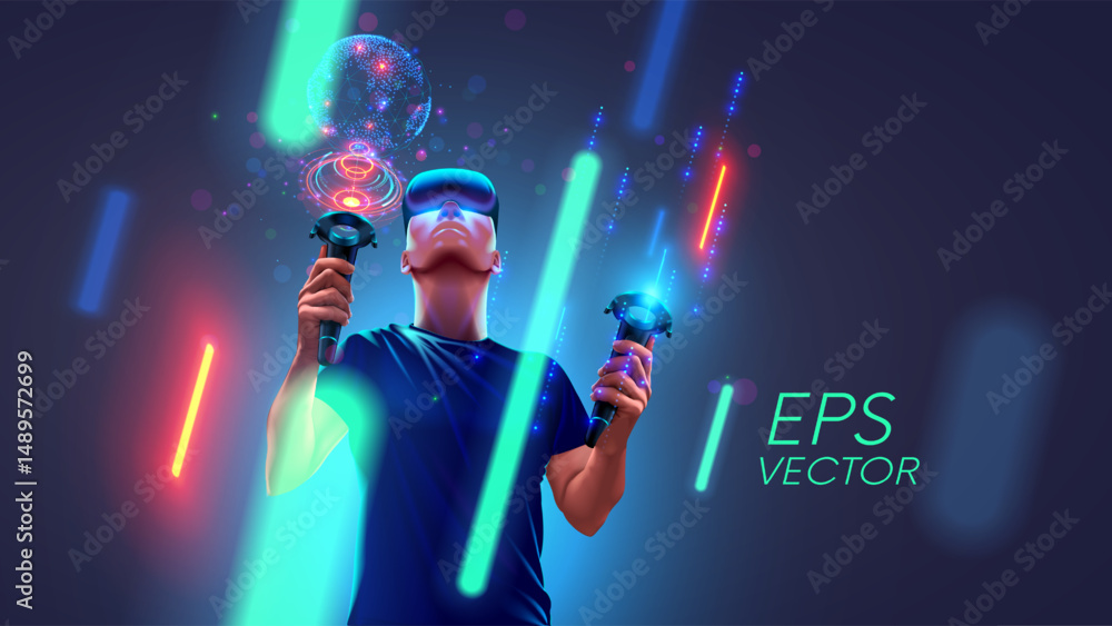 Aufkleber Concept of virtual reality technology. Man with virtual reality VR headset or goggle , controllers in hand for VR glasses in virtual simulation of metaverse.