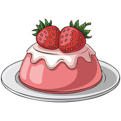 Homemade strawberry pudding dessert in white plate isolated vector illustration on white background