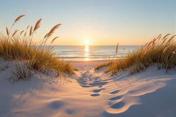 Peaceful sandy beach path with footprints through dune grass at sunrise, soft light on calm sea, creative style, warm background, concept of serenity. Ai generative
