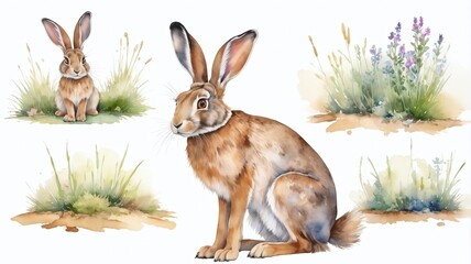 Obraz premium Watercolor Long Ear Hare In Natural State Sitting Front View Concept