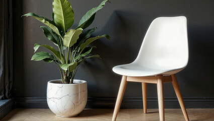 Indoor plant in decorative pot next to a minimalist chair against a dark wall, brings nature indoors and adds sophistication to the room.