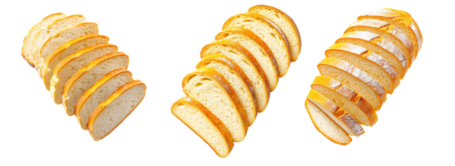 Set of loaf of wheat bread showing its golden crust and soft interior, isolated on white transparent background.