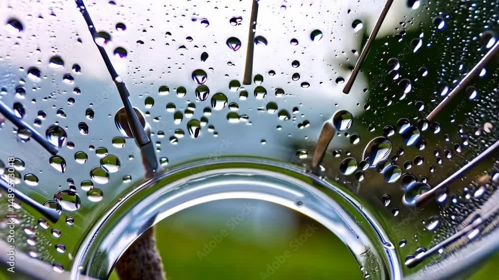 Poster abstract macro view of raindrops on a translucent surface with metal straws and concentric circles, 