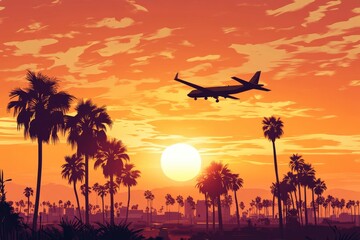 Sunset flight over palm trees