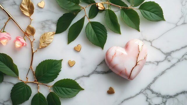 Romantic Pink Heart Decor with Gold Accents and Lush Greenery on Marble
