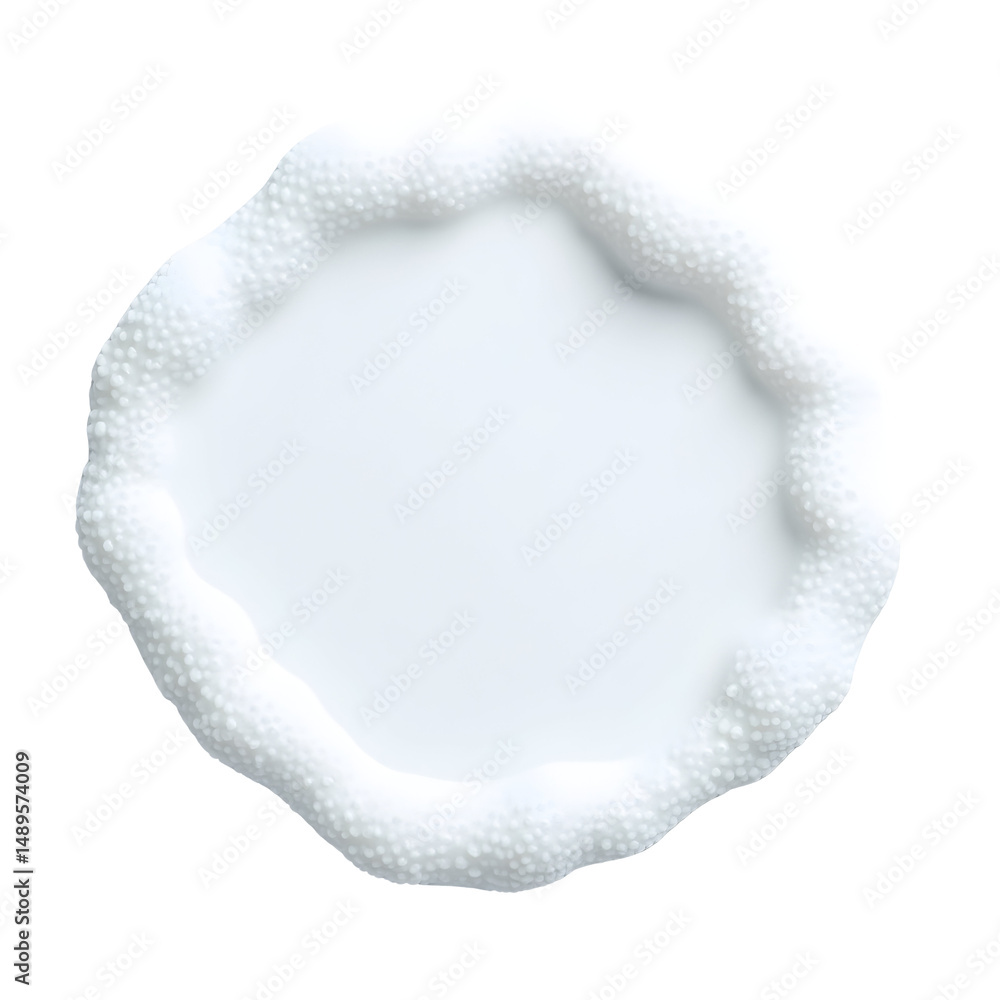 Poster top-down view of a circular, white fluid spill on a plane surface displaying a unique textured edge,