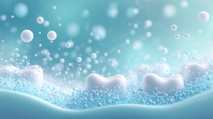 Abstract illustration of teeth being cleaned with bubbles and blue particles in a fresh, hygienic environment.
