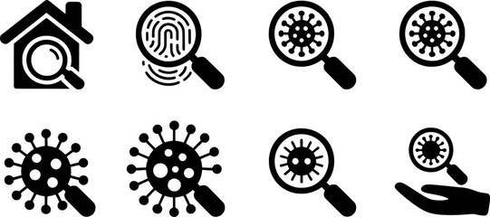 Magnifying glass icons set virus home fingerprint